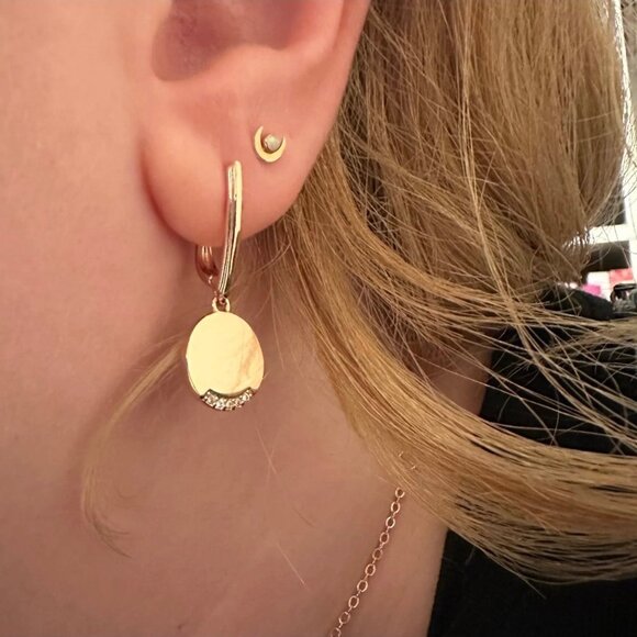 NWT Round Charm Drop Huggie Earrings 14K Rose Gold Plated CZ Pave Minimalist - Picture 7 of 10